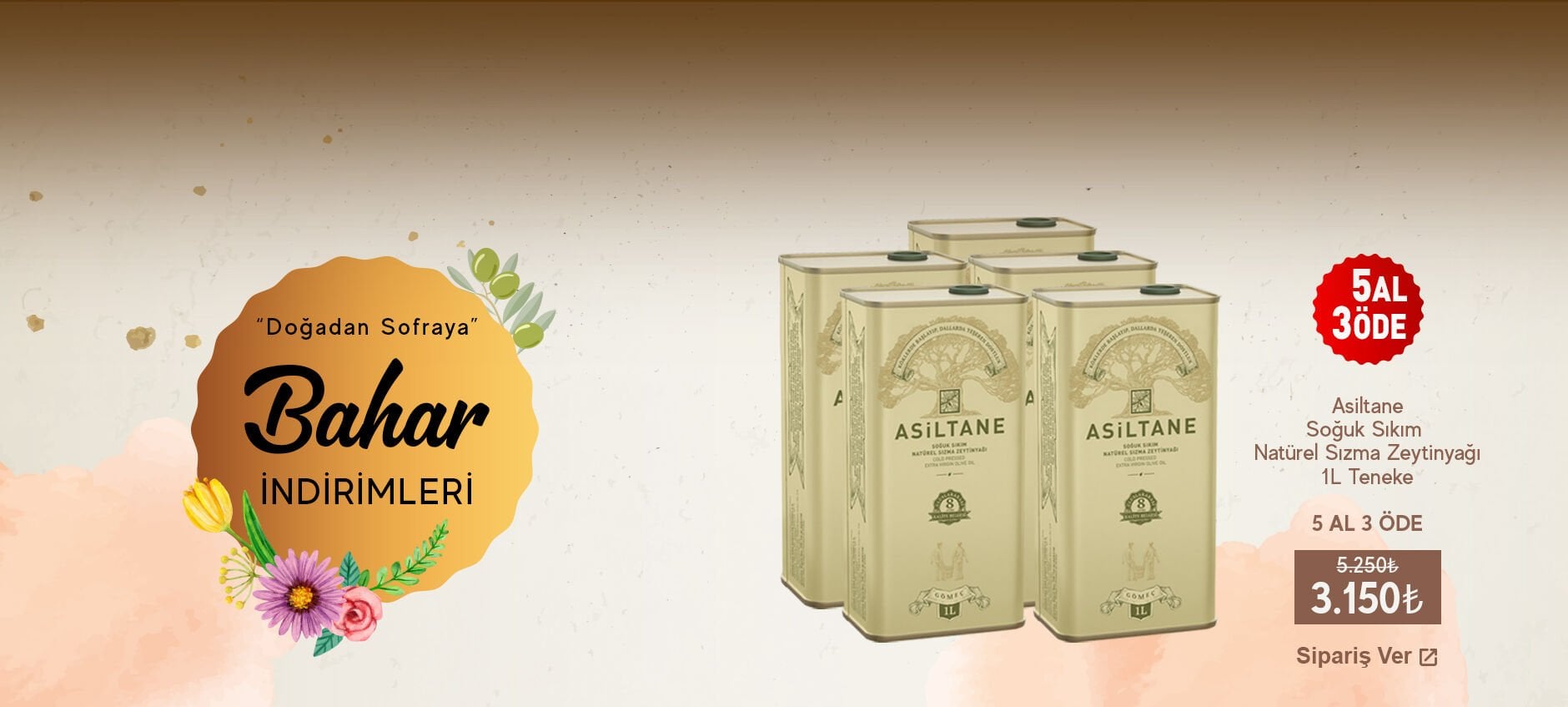 Asiltane Soğuk Sıkım Natürel Sızma Zeytinyağı 1L Teneke 5 AL 3 ÖDE