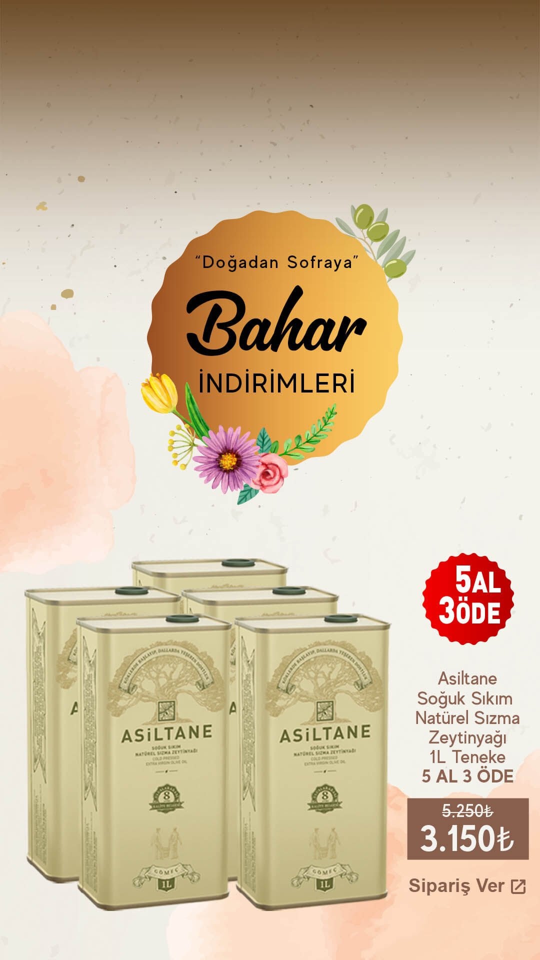 Asiltane Soğuk Sıkım Natürel Sızma Zeytinyağı 1L Teneke 5 AL 3 ÖDE