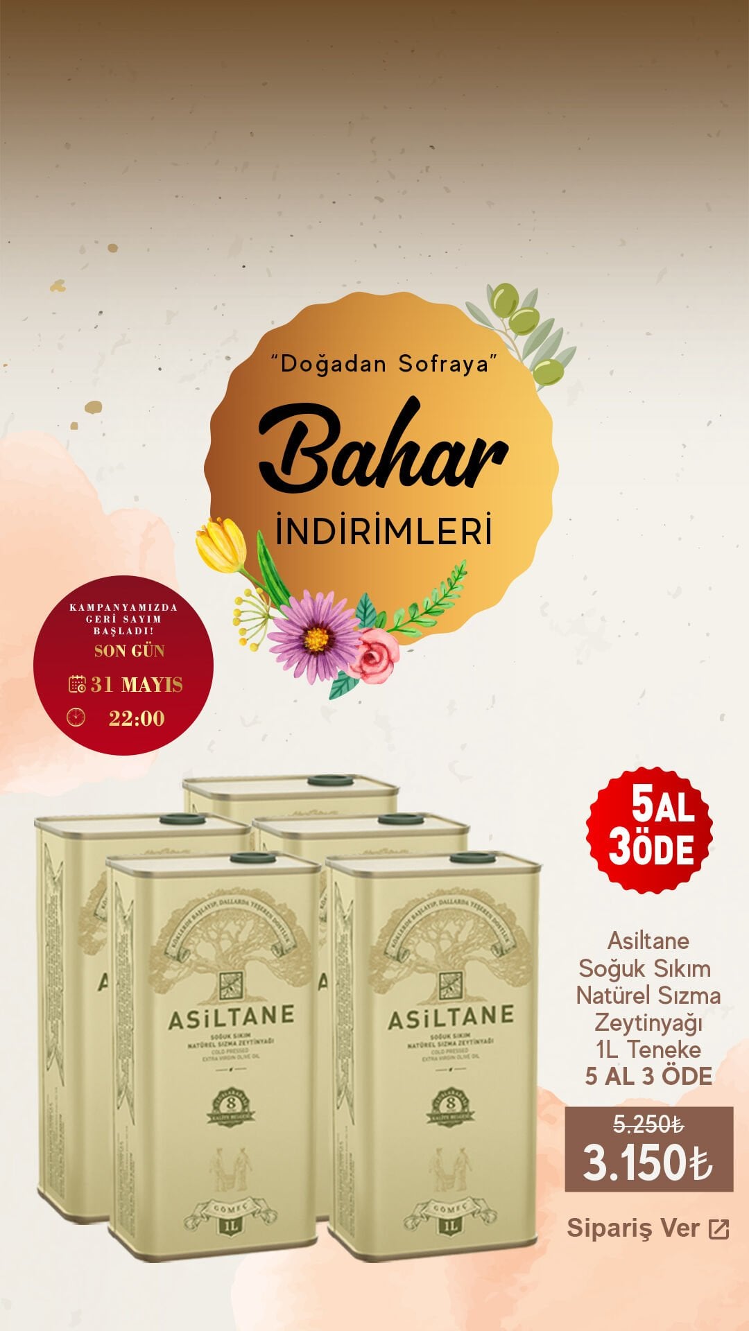 Asiltane Soğuk Sıkım Natürel Sızma Zeytinyağı 1L Teneke 5 AL 3 ÖDE