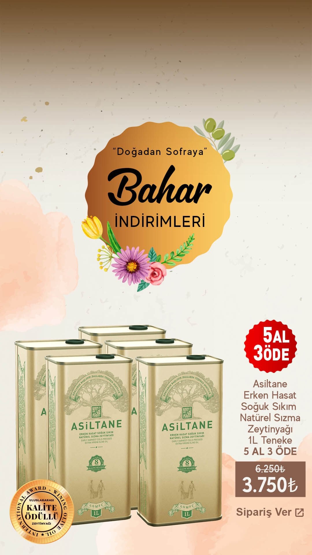 Asiltane Erken Hasat Soğuk Sıkım Natürel Sızma Zeytinyağı 1L Teneke 5 AL 3 ÖDE