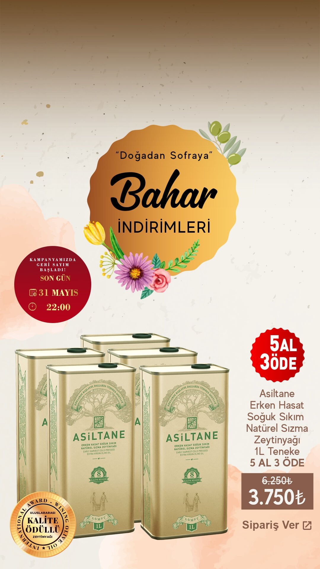 Asiltane Erken Hasat Soğuk Sıkım Natürel Sızma Zeytinyağı 1L Teneke 5 AL 3 ÖDE